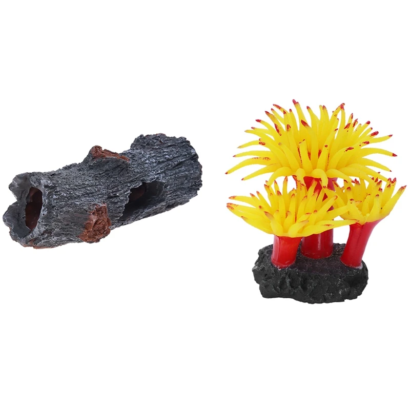 

Promotion! 2 Pcs Aquarium Decoration: 1 Pcs Silicone Coral Anemone & 1 Pcs Artificial Wood Tree Trunk Root Spawning Ground Cave