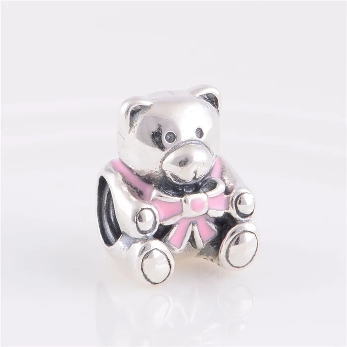 

Pink Enamel Teddy Bear Thread Charm Beads Authentic 925 Sterling Silver For Women Jewelry Fit Pandora Bracelet Making