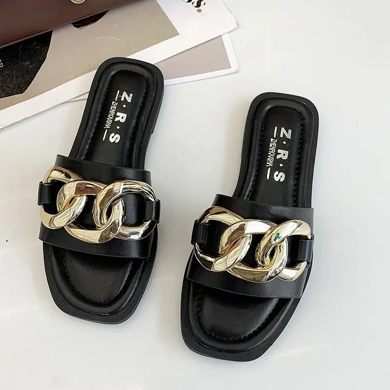 

Loafers Female Shoes Low Slippers Casual Slides Rivet 2021 Luxury Summer Flat Basic Metal Decoration Cotton Fabric PU Rubber Hoo