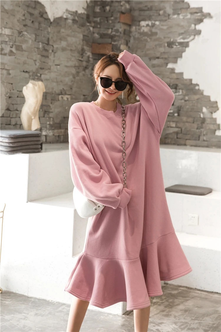 BelineRosa L, XL, 2XL, 3XL Элегантный розовый черный Повседневные толстовки и платья Свободные длинные хлопающие хлопчатобумажные ткани плюс размер зимнее платье HM000002