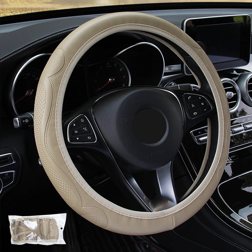 

37-38CM Steering Wheel Cover SUV Carbon Fiber Leather Beige Replacement