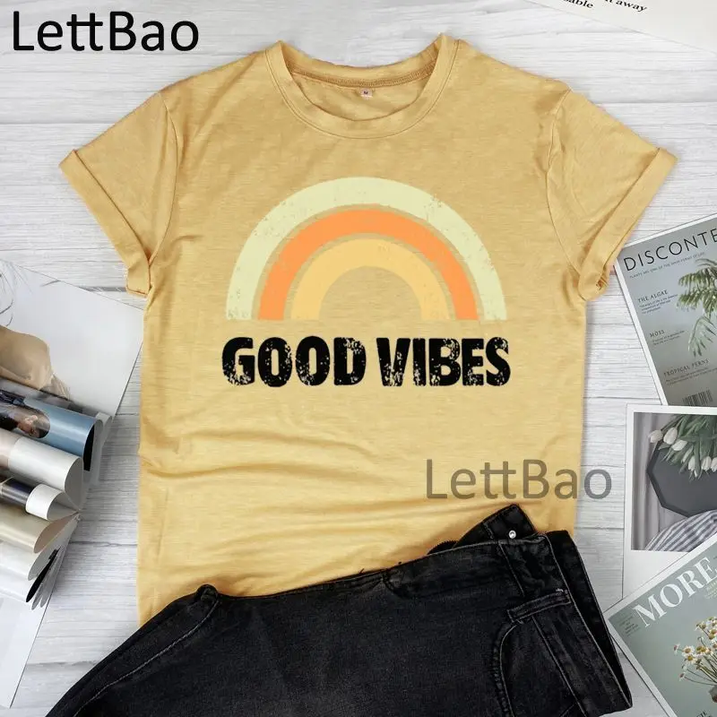 

Good Vibes Rainbow Harajuku T Shirts Women Ullzang T-Shirts 90s Fashion Graphic Streetwear Casual O Neck Cotton Tops Tees Female