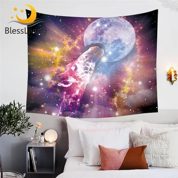 BlessLiving Giraffe Tapestry Animal and Moon Decorative Wall Hanging Colorful Galaxy Printed Wall Carpet tapisserie Drop Ship 1
