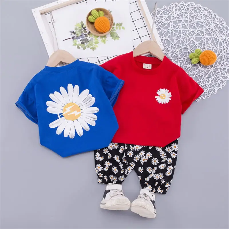 2020 летний детский модный костюм одежда для малышей футболка с цветочным принтом