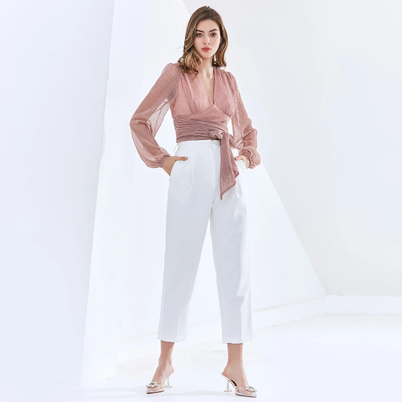 

TWOTWINSTYLE Solid Short Blouses For Women V Neck Lantern Long Sleeve Ruched Bowknot Lace Up Sexy Shirts Female 2020 New Clothes