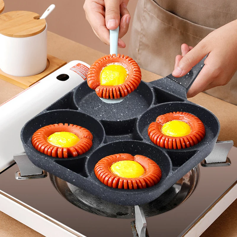 

Fried Egg Pan Non-stick Pan with Wood Grain Handle 3-in-1 Fried Maifan Stone Four-hole Burger Household Breakfast Machine Steak