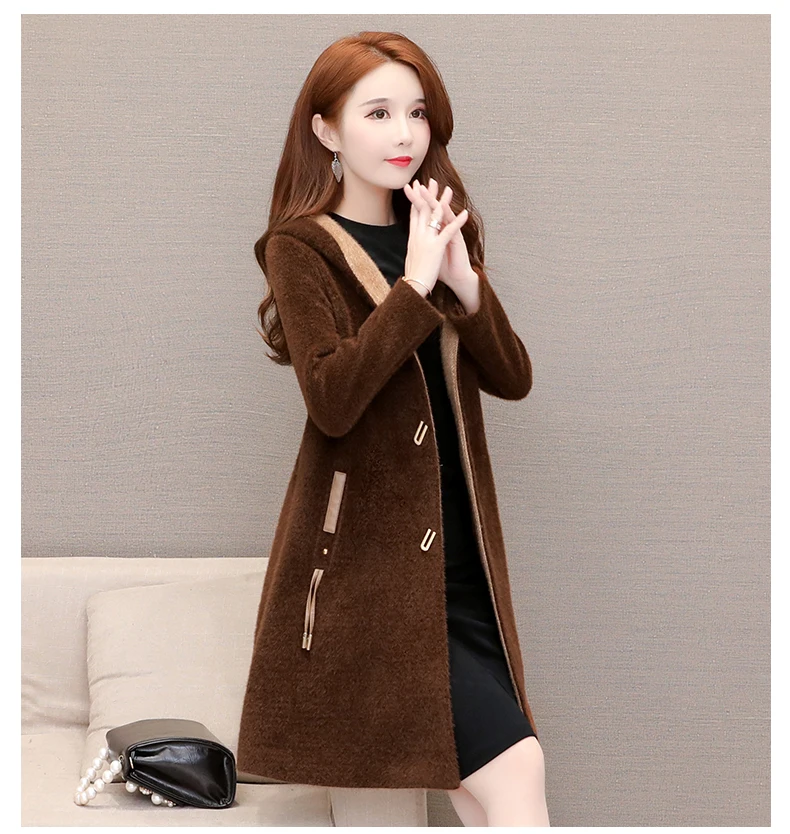 Haute couture Imitate Mink cashmere coat Women autumn jacket Shaggy coats Hooded high quality Fashionable female clothing 1402