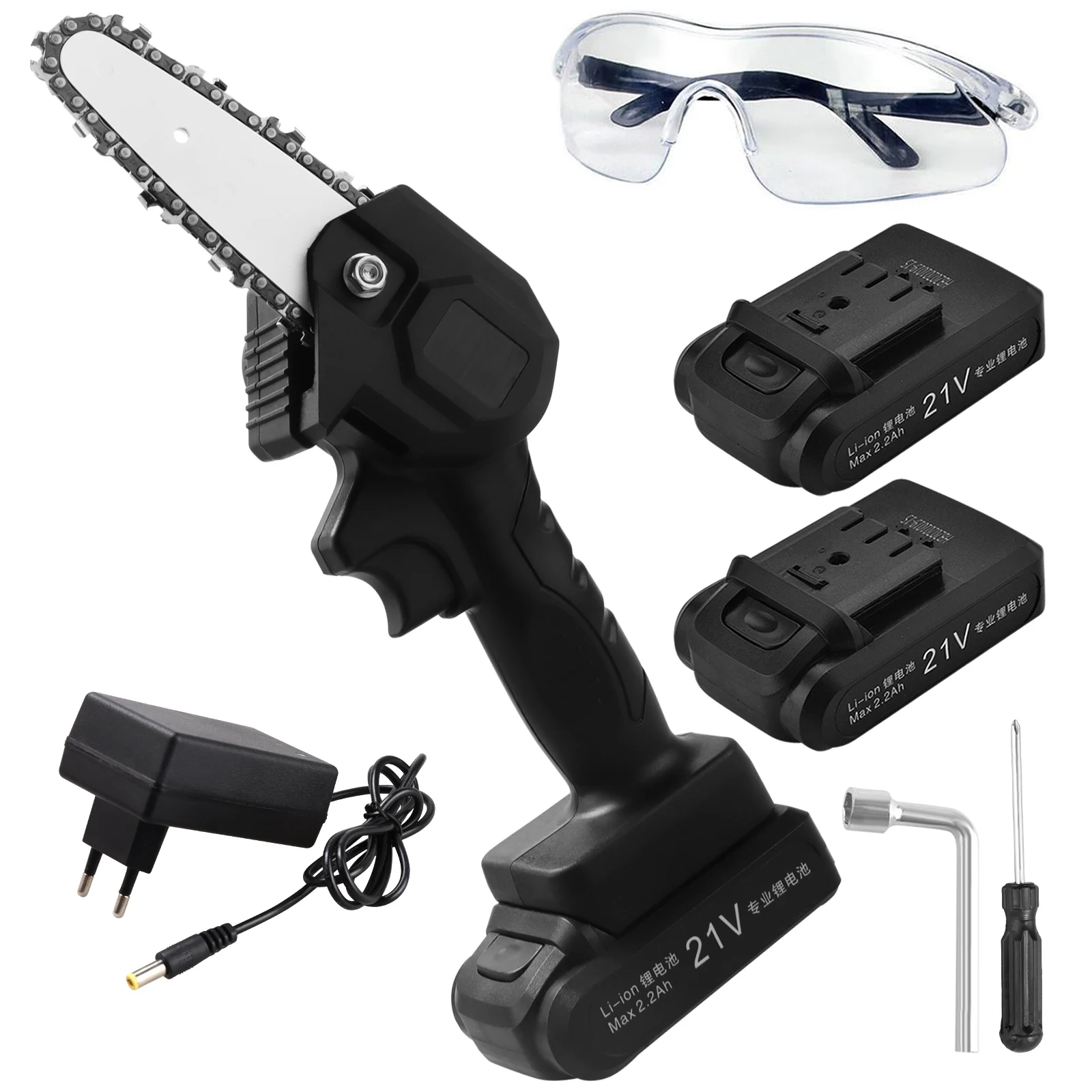 

ANENG Mini Chainsaw 4inch 21V Portable Electric Pruning Shears Saw with 2 Batteries Goggles for Courtyard Branch Cutting EU Plug