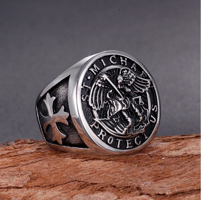 

Rings For Men Archangel Biker Ring Knight Templar Guardian Angel Cross Casual Party Finger Ring Silver Color Jewelry Punk Gifts