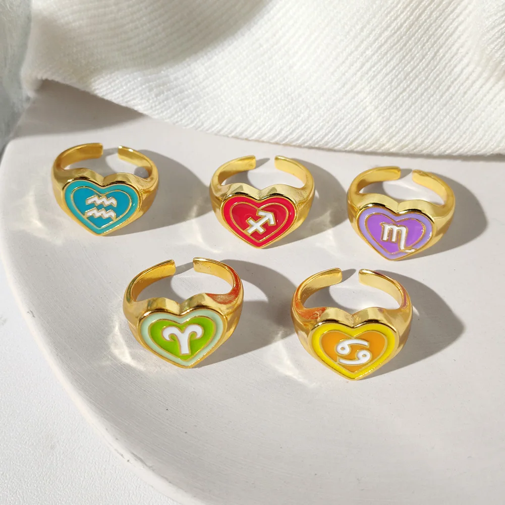 

Flatfoosie Y2K Colorful 12 Constellation Heart Open Rings For Women Girls Fashion Dripping Oil Zodiac Sign Rings Party Jewelry