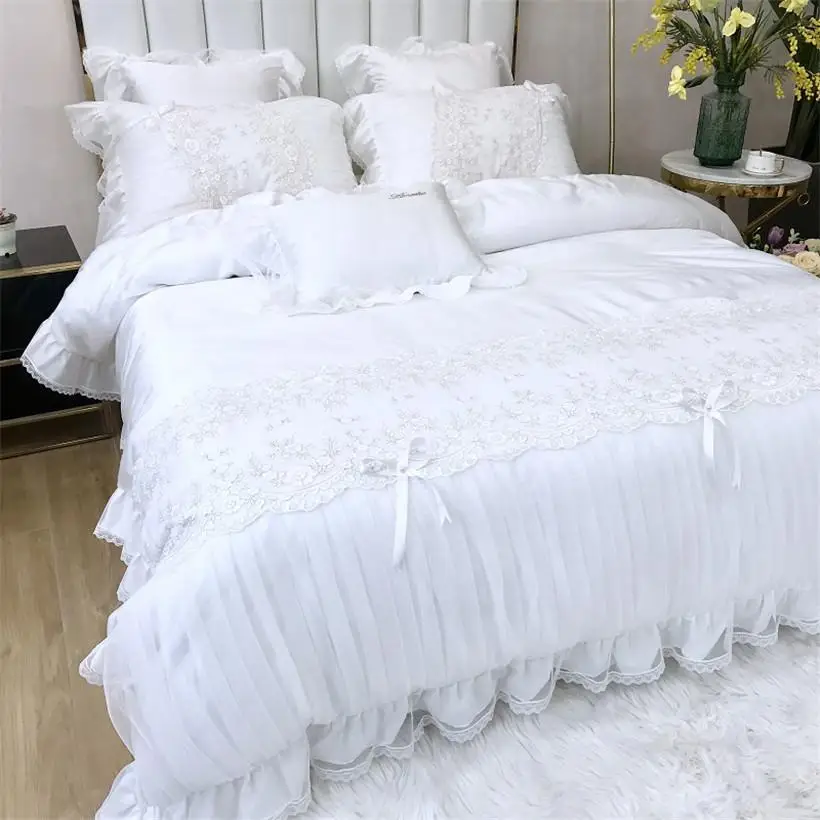 

Комплект постельного белья Lotus White с кружевными оборками для девочек, шелковистое мягкое покрывало из тенсела, простыни King/Queen, 4/7 шт.