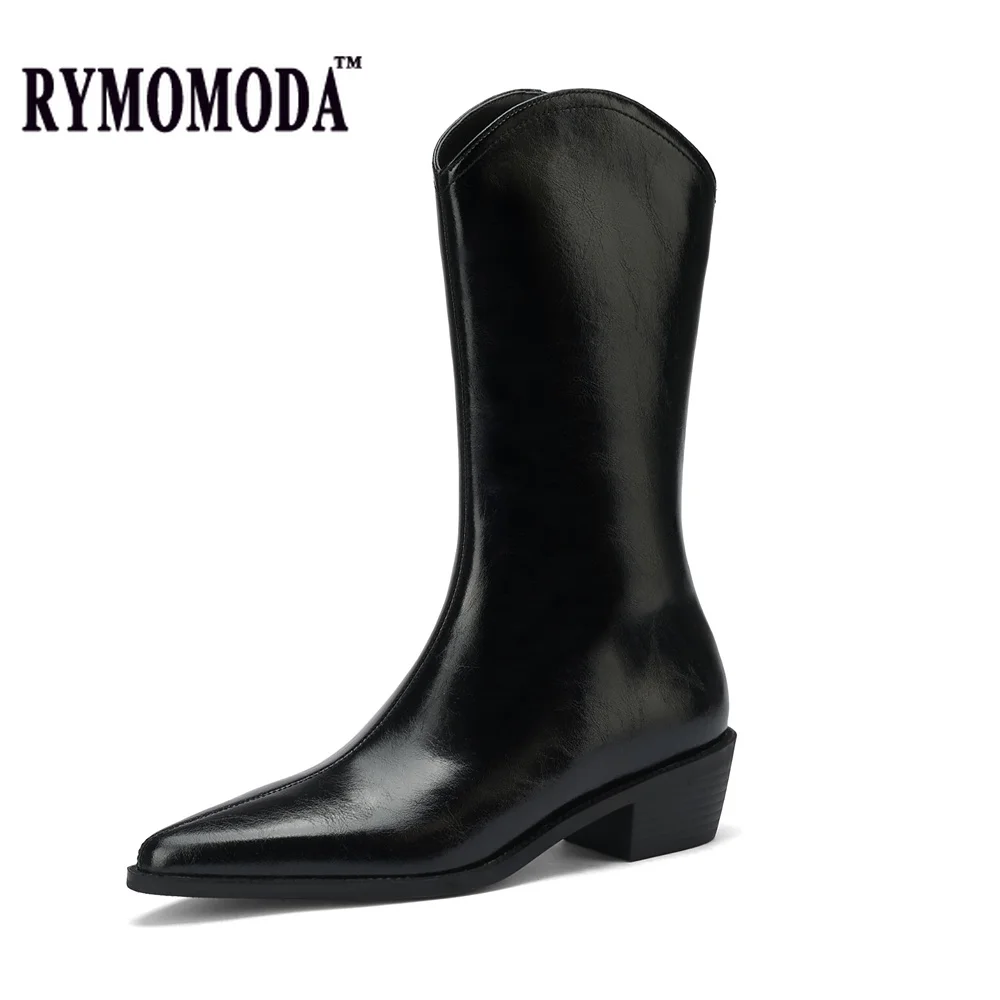 

Женские ботинки ручной работы RYMOMODA, из коровьего спилка, до середины икры, в западном стиле, короткие Ботинки на каблуке 2021 см, готическая об...