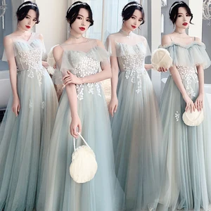 Bridesmaids Dresses Appliques V-Neck A-Line Tulle Lace Short Simple Off The Shoulder Floor-Length Lady Wedding Party Dress E028 Bridesmaids Dresses Appliques V-Neck A-Line Tulle Lace Short Simple Off The Shoulder Floor-Length Lady Wedding Party Dress E028