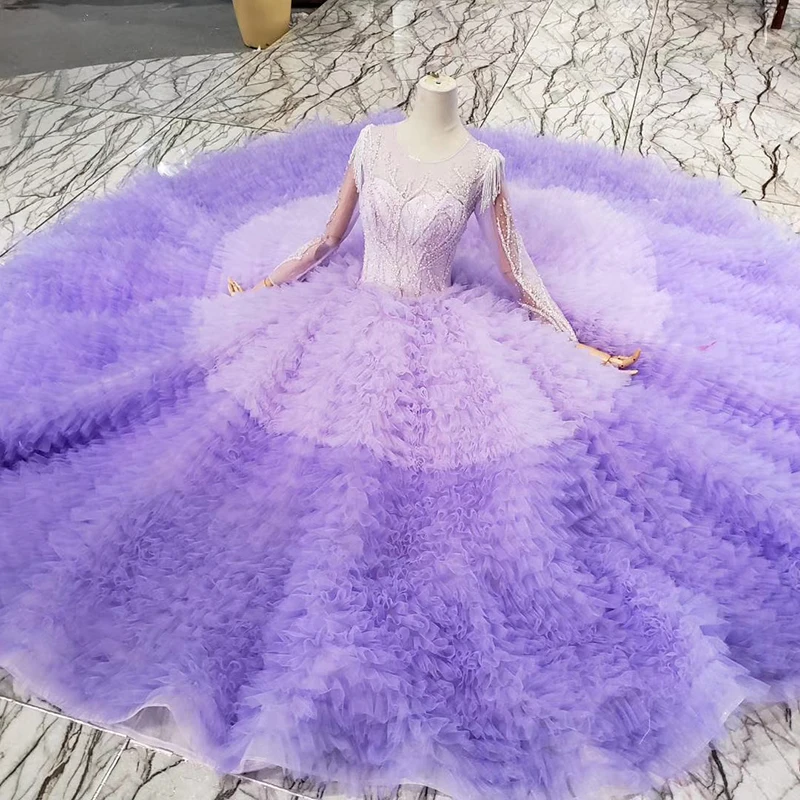 BGW 2020 Pink Evening Dress Long O-neck 3D Flowers Long Sleeves Bridal Wedding Party Dress Gown Cake Style Vestito Da Sera Lungo