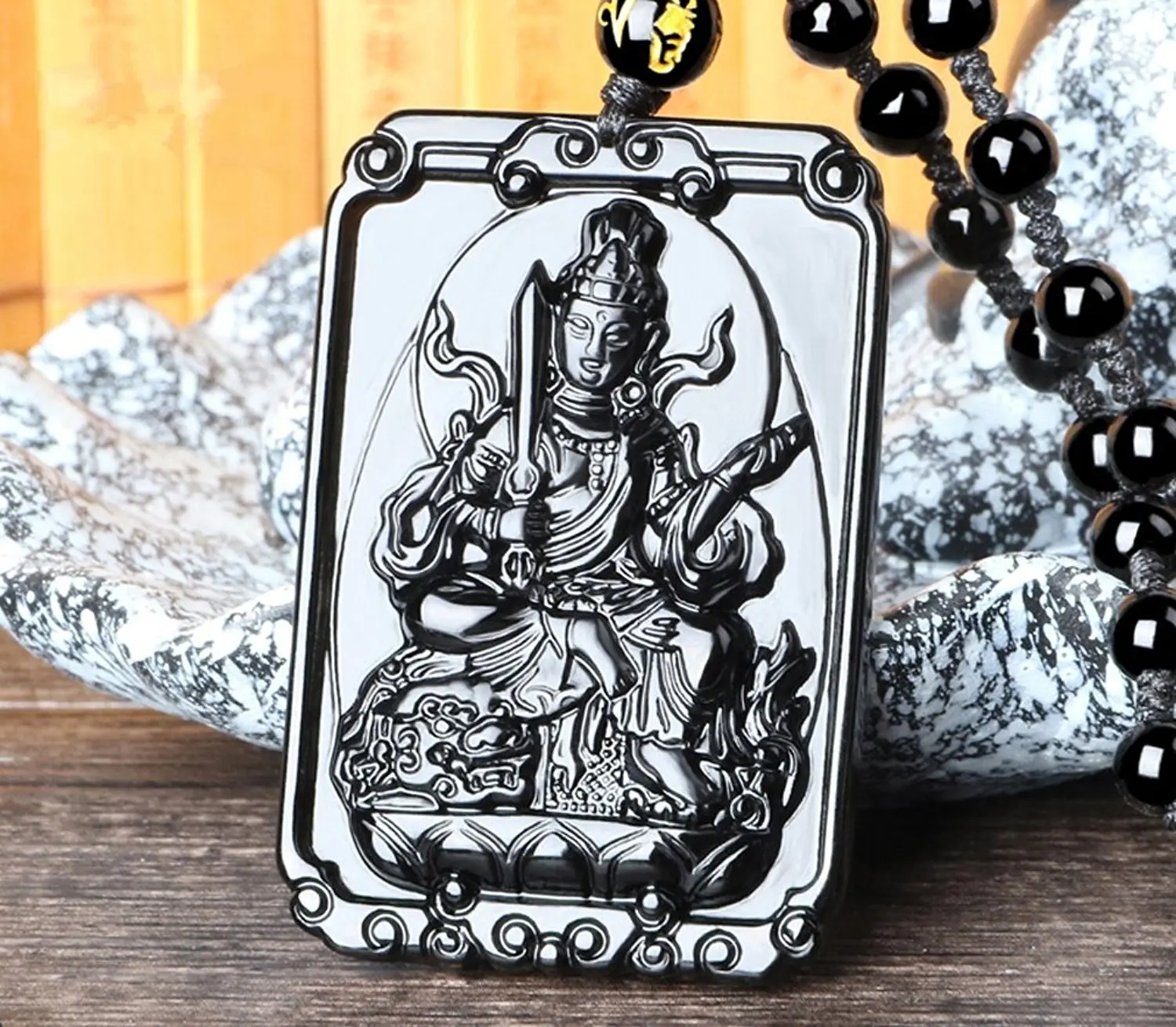 LETSFUN изящные ювелирные изделия ручной резки натуральный обсидиан манджуши Будда