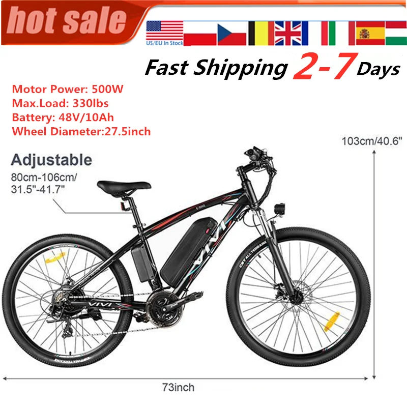 

500W 27.5inch 48V 10.4AH Electric Bike 500W Motor Powered Mountain Bicycle 20MPH Adult E-bike with 21 Speed-Gear Shifter