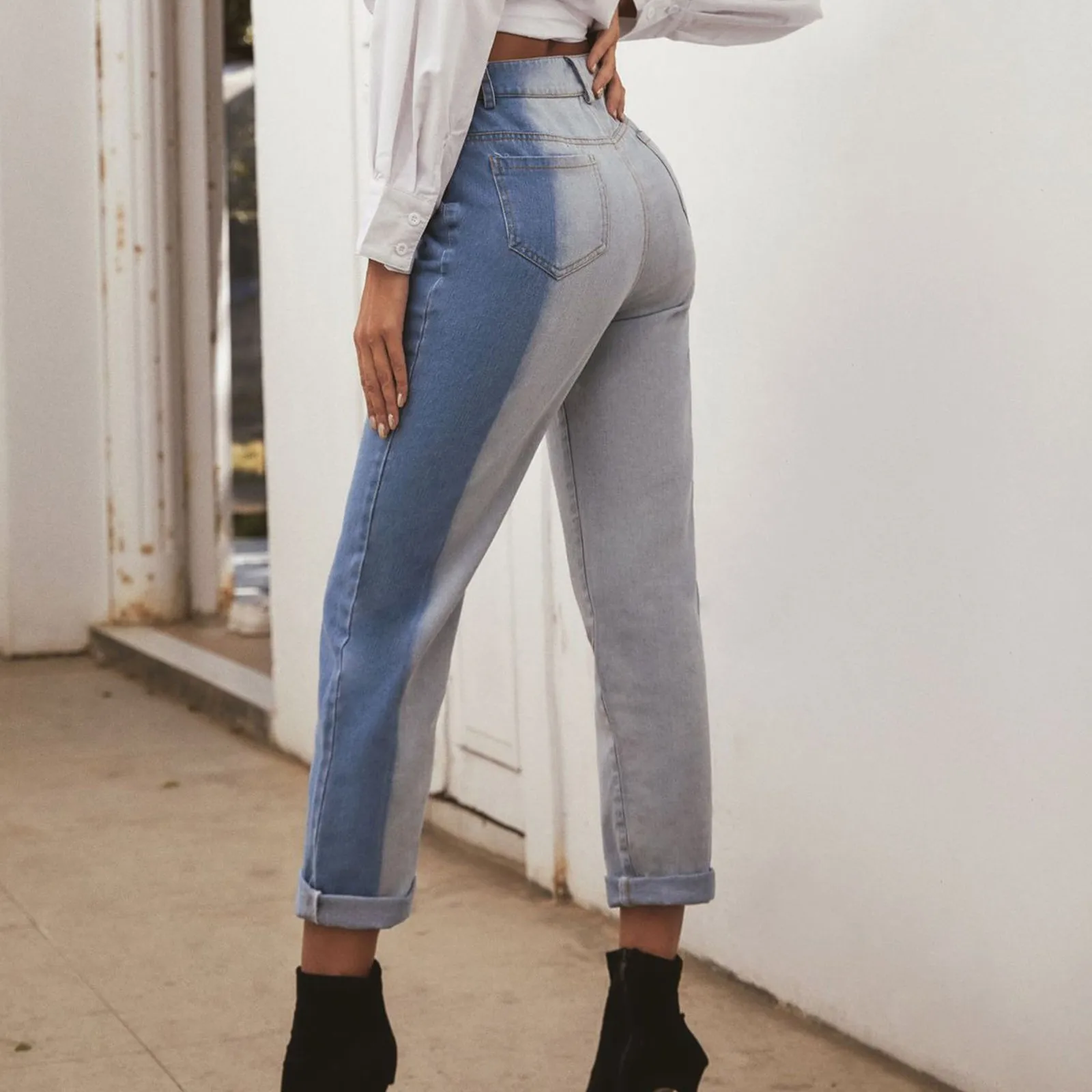 Новые однотонные повседневные женские джинсовые брюки с высокой талией и