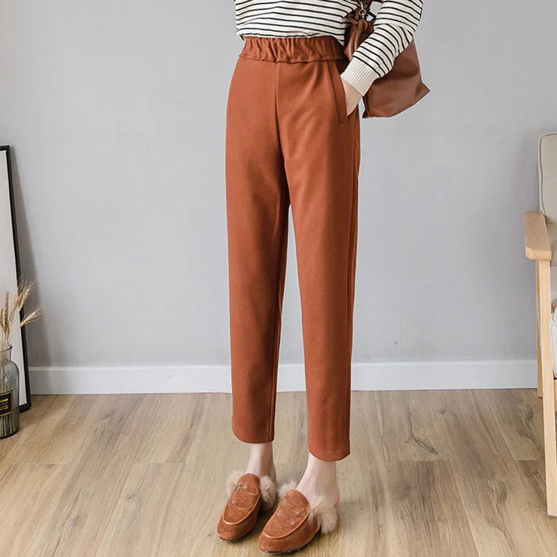 caramel colour 2 Осень Зима шерстяные штаны женские шнуровка с высокой талией карманы брюки уличная одежда большого размера шаровары pantalon femme - Цвет: caramel colour 2