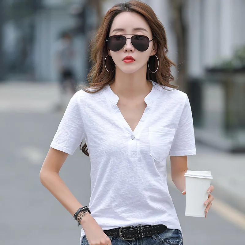 

Футболка женская с V-образным вырезом, хлопок, короткий рукав, Повседневная тенниска, стиль n