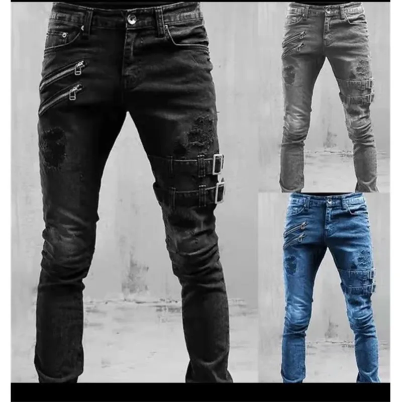 

New Style Men's Europe and America Retro Zipper Jeans Pants Fashion Casual Male Ripped Black Biker Skinny jeans Pants S-3XL
