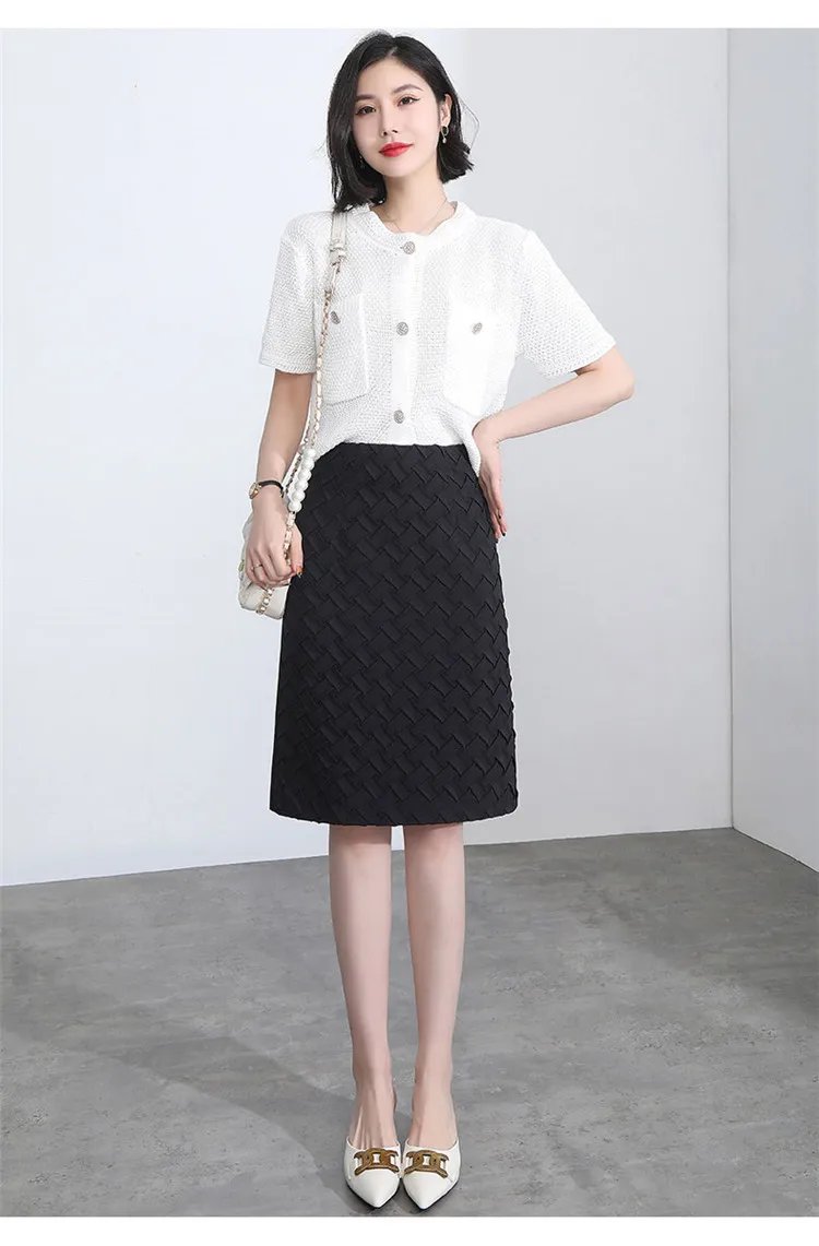 

2021 Summer New Women Weave Design Slim Casual Black Knee-length Skirt Office Lady Elegant Chic Plus Size High Waist Work Skirts