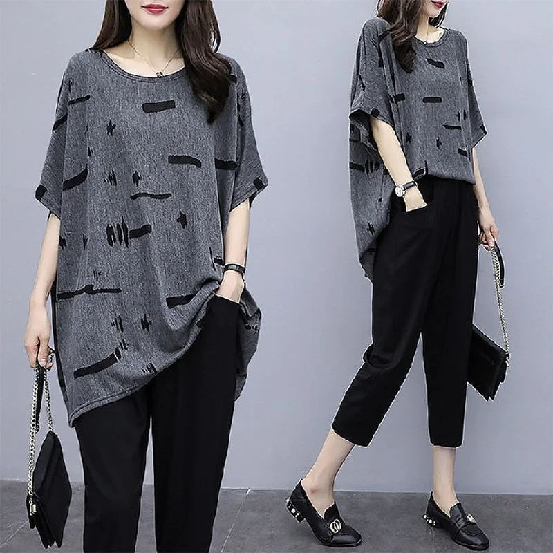 

2021 Summer Plus Size 4XL Set Women Short Sleeve Fashion Printed Tops and Pants Suits Casual 2 Piece Sets Womens Outfits Y840