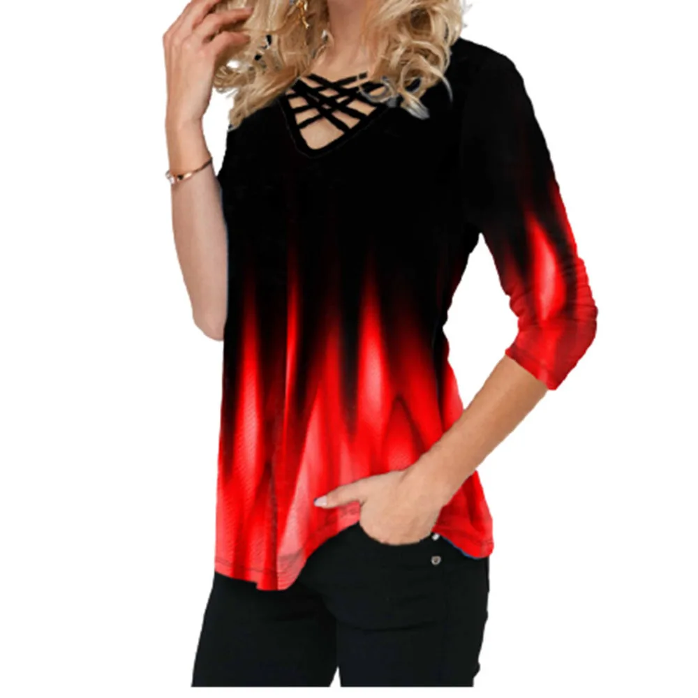 

ICCLEK Plus Size T Shirts Maxi Top Tie Dye Gradient Print Shirt Women Long Sleeve V-Neck Casual Tops Summer Female 7XL 6XL 5XL