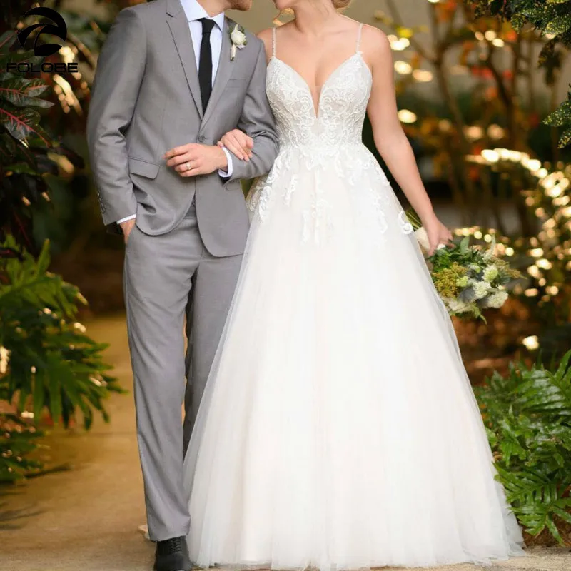 

2021 Elegant Wedding Dresses Backless Spaghetti Strpas V-neck Appliques Beaded Tulle A-line Simple Bridal Gown vestidos de novia
