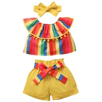 summer baby girls clothing set strip tops bowknot shortsheadband childrens clothing outfits 0 3t