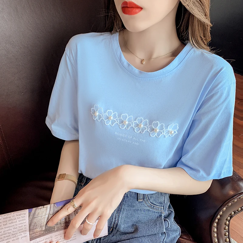 

2021 summer new women's blue white short cotton flowers print sleeve t-shirt casual shirts WS002