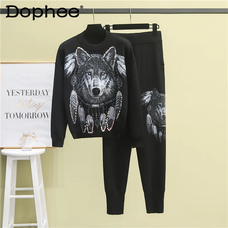 Новинка Осень 2021, свитер, спортивный костюм, женский спортивный костюм, Вязаный топ и брюки с бусинами и блестками дикого волка, вязаный кост...
