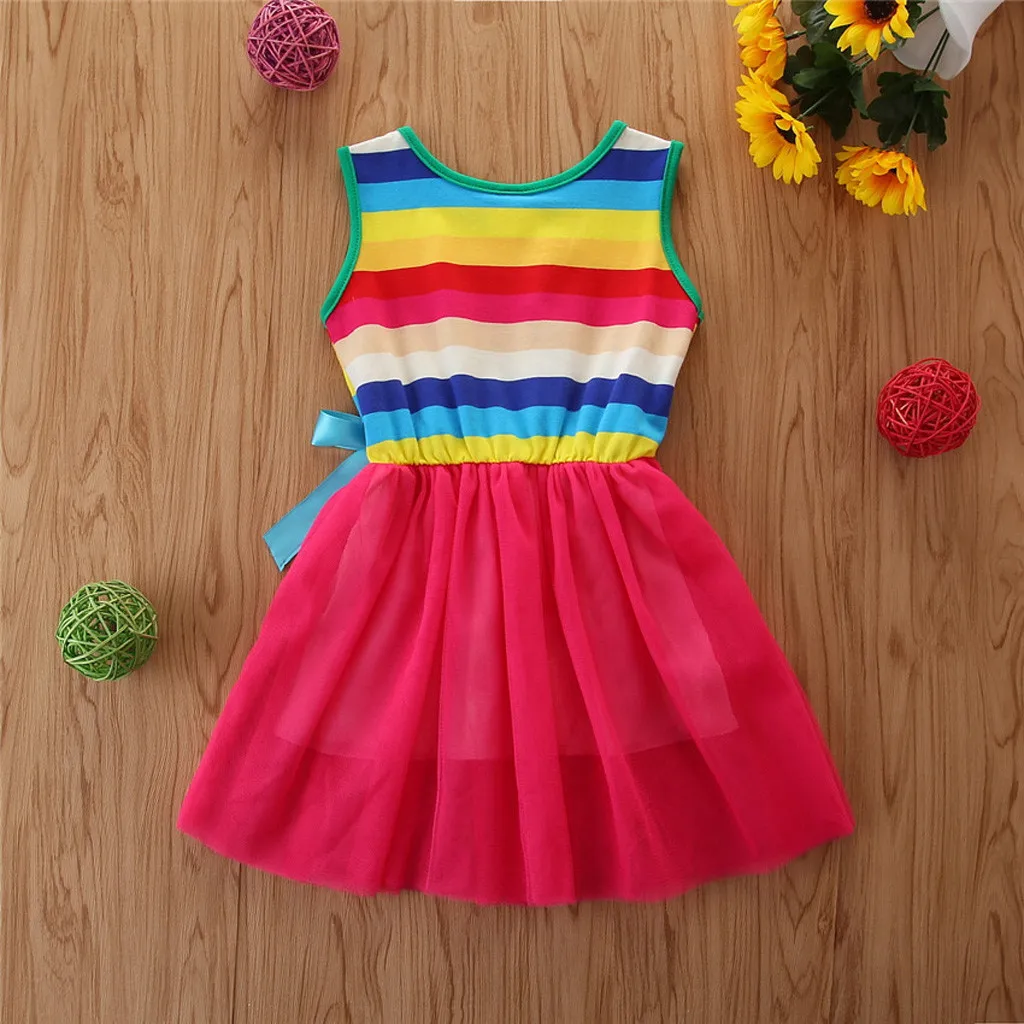 

New Summer Girl Dress Baby Dresses Girl Clothes Tutu Mesh Dress Suspender Rainbow Striped Sleeveless Bow Princess Dress