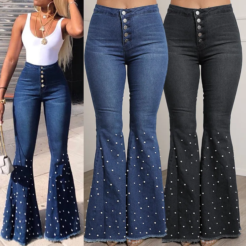 

Beading Tassel Flared Jeans Women Spring Autumn Fashion Button High Waist Bell Bottom Jeans Woman Casual Skinny Cowboy Trousers
