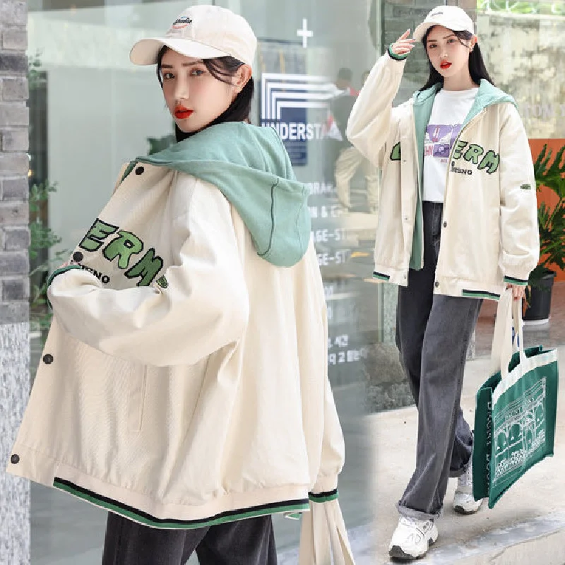 

Design Sense Vintage Fake Two-pieces Coats Women's Spring and Autumn Loose Idle Style Jacket Cardigan Baseball Uniform Kio