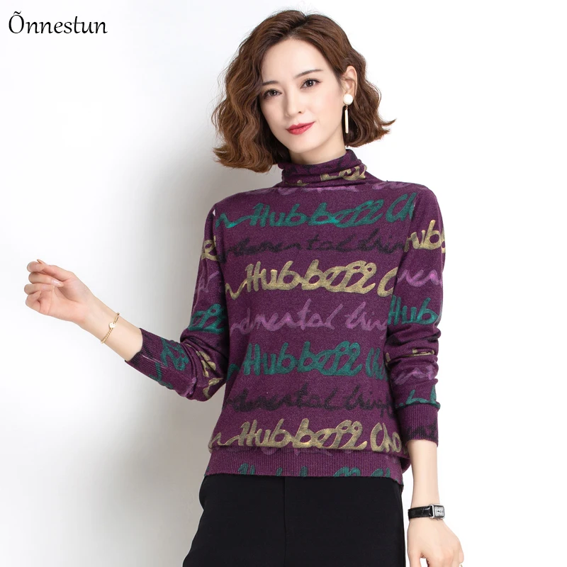 

Print Letter Sweater Women Autumn Winter Pullover High Quality Women's Turtleneck Knitted Sweaters Jumpers Female Sweater Women