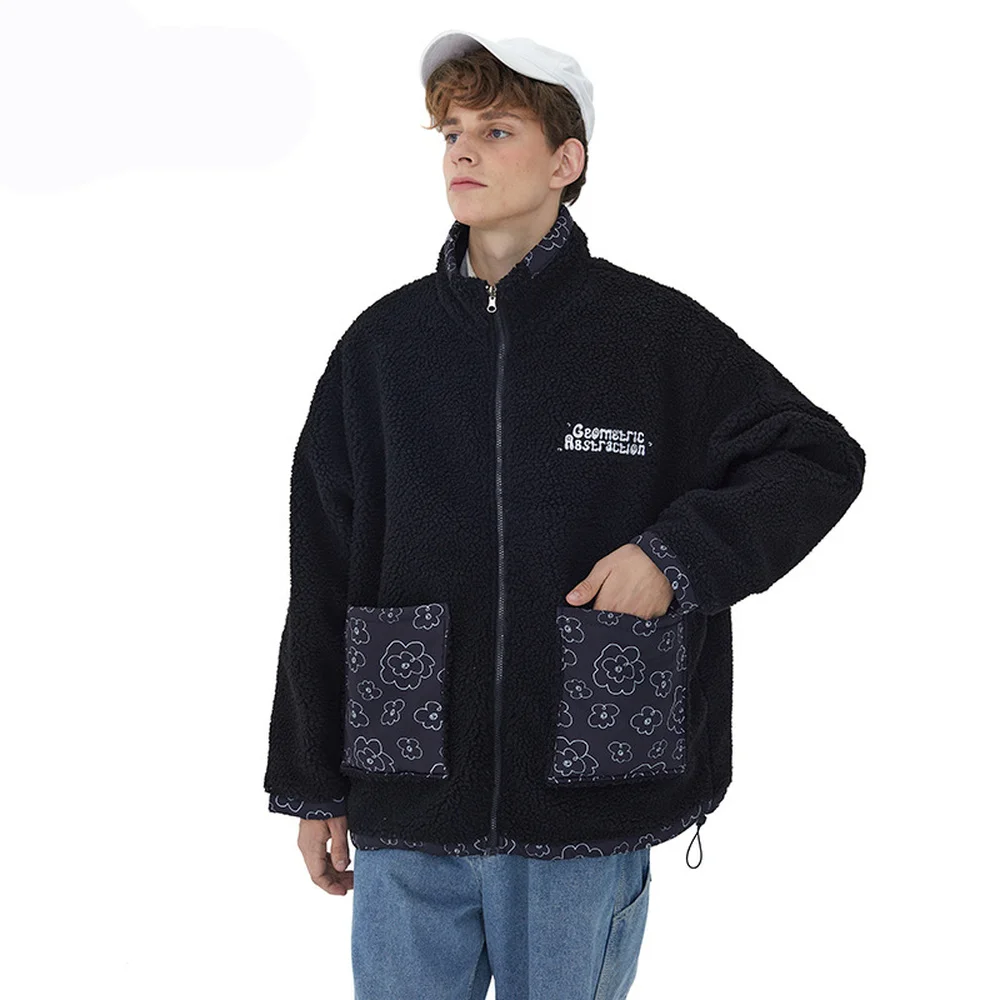 Covrlge Men's Jacket Both Sides Wearable Plush Men coat Design Sense Trend Couples Oversize Winter Coat Streetwear MWJ249