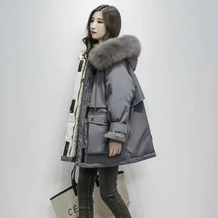 Pele de Raposa Natural com Capuz Jaqueta de Inverno para Mulheres Branco para Baixo Cabolsa de Neve Grande Pato Parkas Grossas Faixa Quente Amarrar 90%