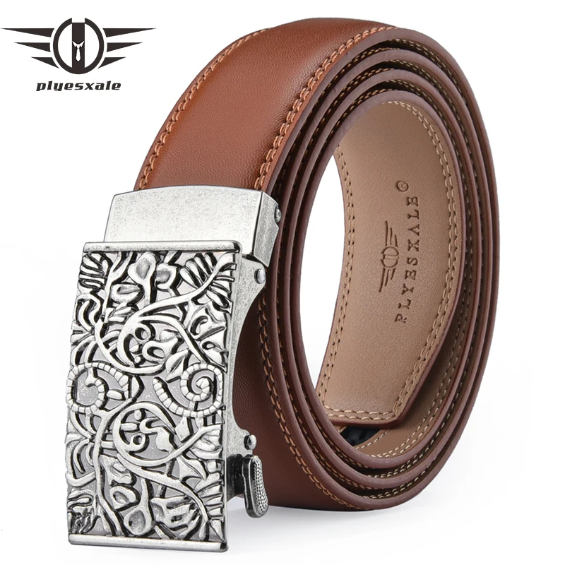 Plyesxale Genuine Leather Belt for Men Automatic Buckle Luxury Brand Cowskin Men's Belt Casual Formal Men Belt Black Brown B708