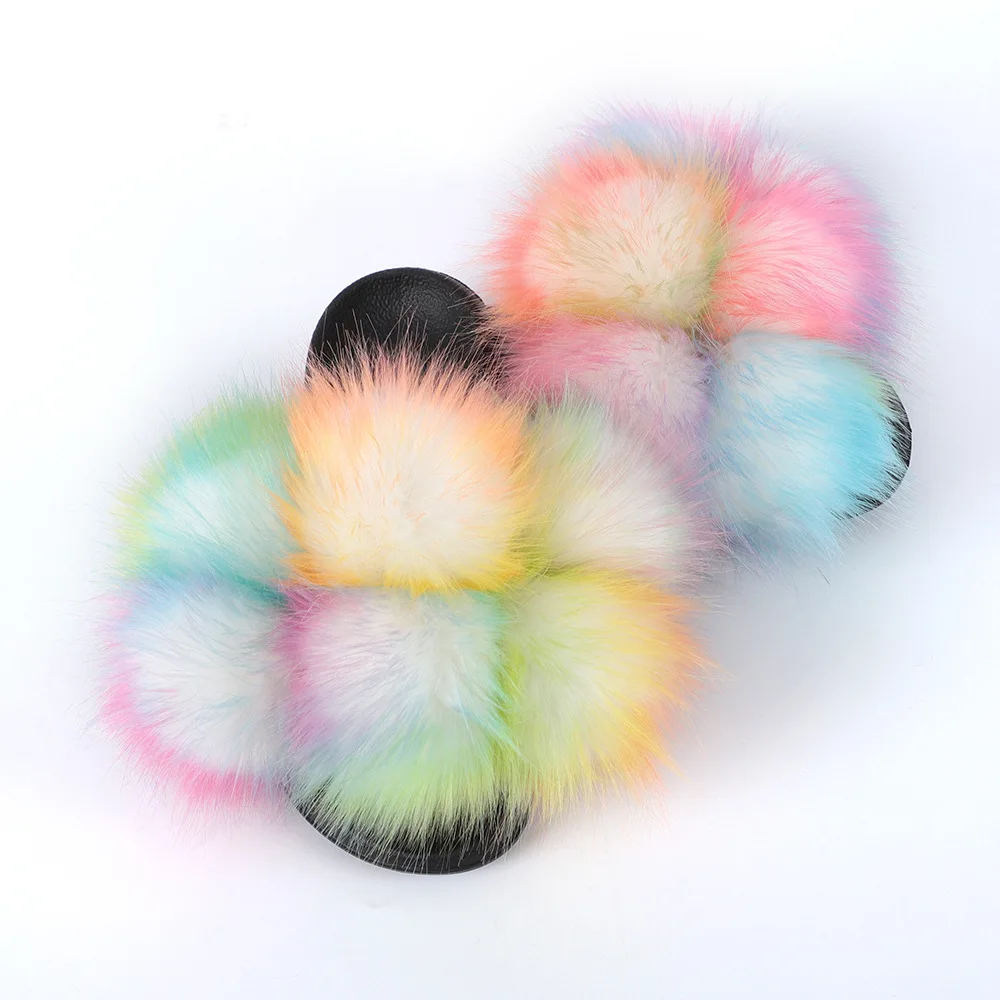 

High Quality INS Luxury Color Matching Fox Fur Women Fluffy Slippers Soft PVC Bedroom Platform Shoes Sexy Ladies Fuzzy Slippers