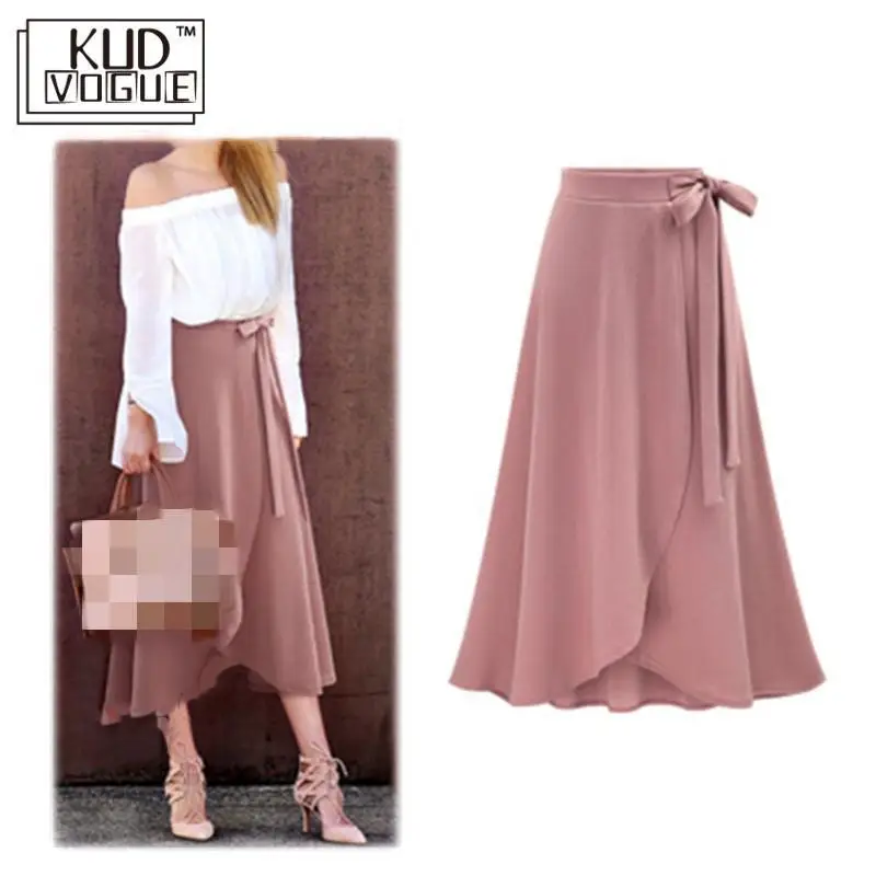 Длинная шифоновая Женская юбочка с высокой талией и розовыми оборками офисная