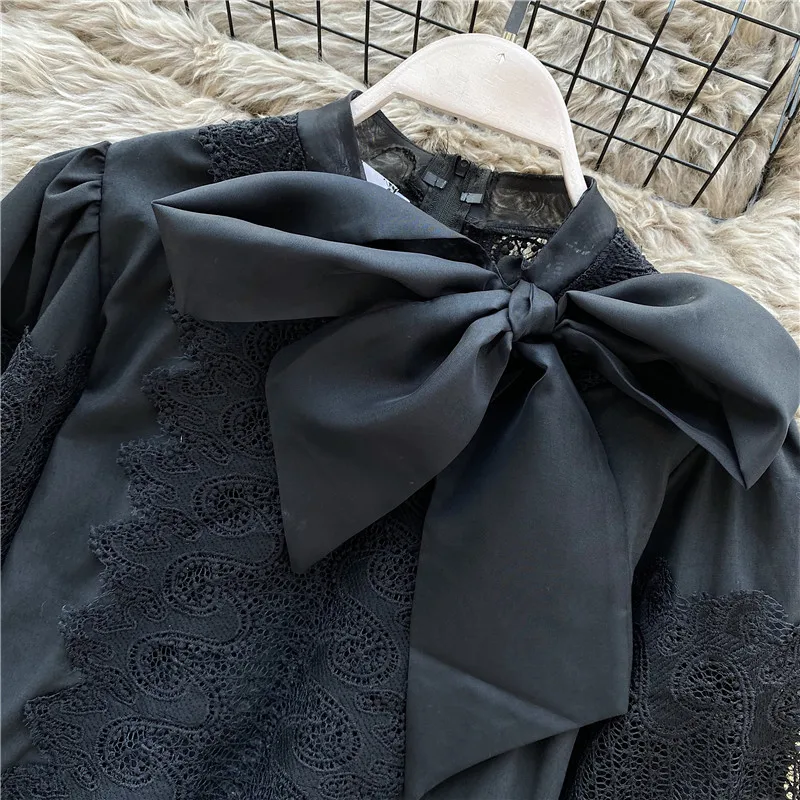 

Women 2020 Spring New Retro court temperament ladies Bow tie shirt Chic Lantern sleeve Lace Patchwork Hollow out Tops Shirt