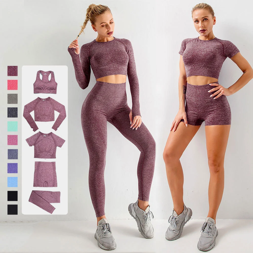 

5pcs Set Women Workout Seamless Yoga Set for Women Seamless Yoga Set Fitness Short Long Sleeved Bra Pants Dotted Suit High Waist