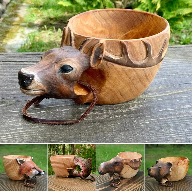 

Wooden Mug Animal Shape Portable Camping Drinking Cup Hand Carved Outdoor Cup with Lanyard for Coffee Tea Milk