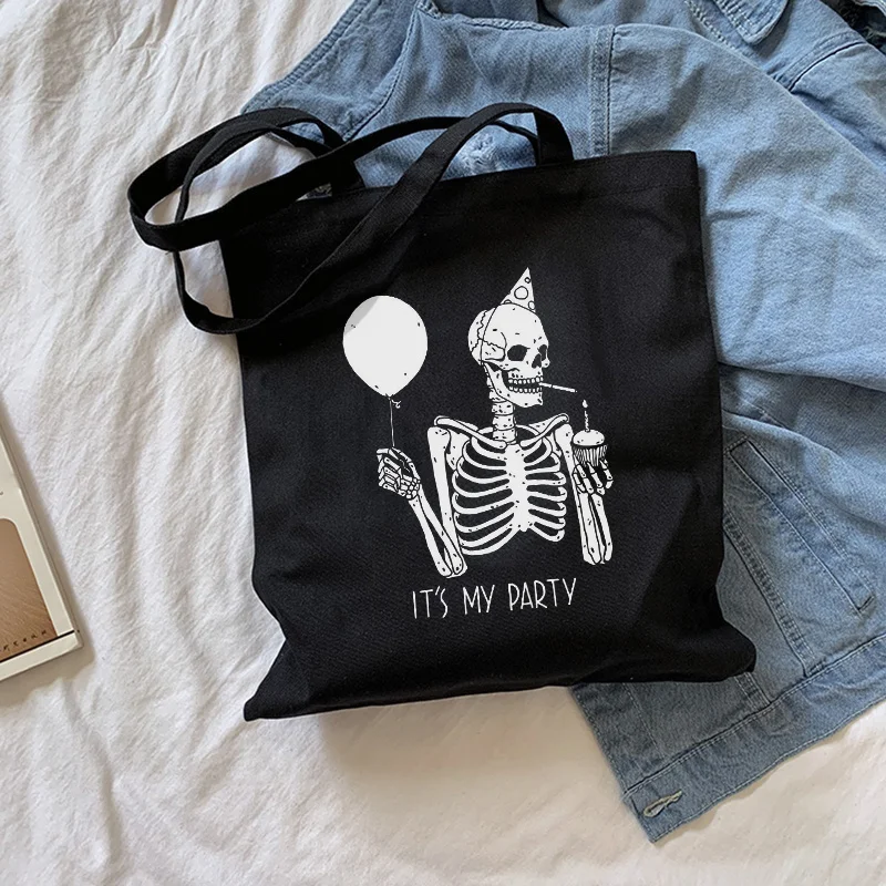 

print Letter Gothic skull canvas bag Japanese cartoon fun women bag casual Harajuku dark shopper bag big capacity shoulder bags