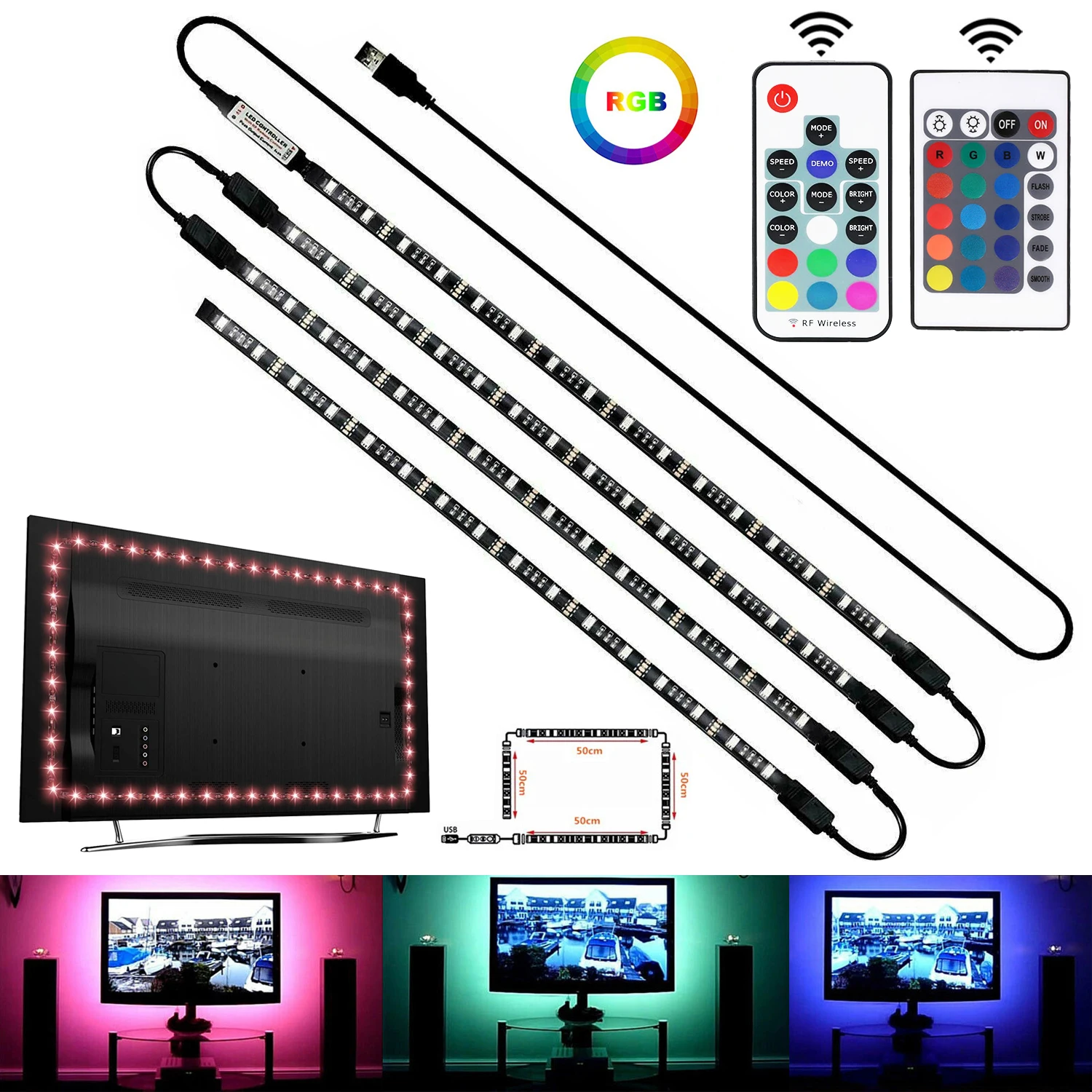 

Светодиодные ленты RGB с дистанционным управлением, 4 х50 см, 5 в пост. Тока