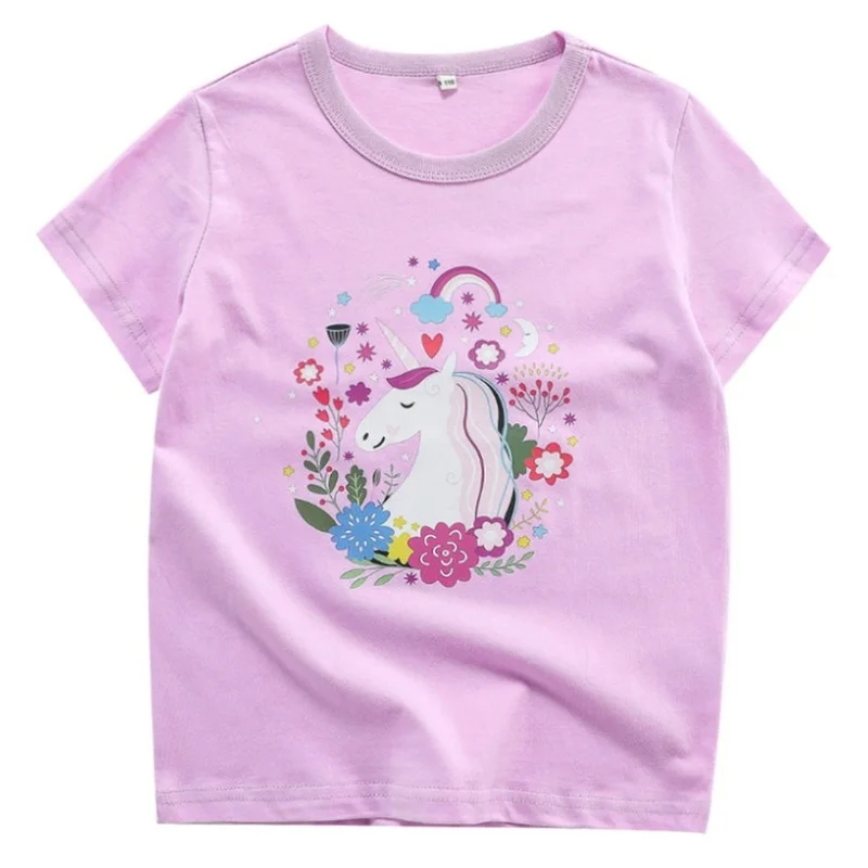 

Summer Adorable Animals Unicorn Cartoon Printed for Kids Round Neck Tops Girls' Casual Loose Short Sleeve Kids Clothes