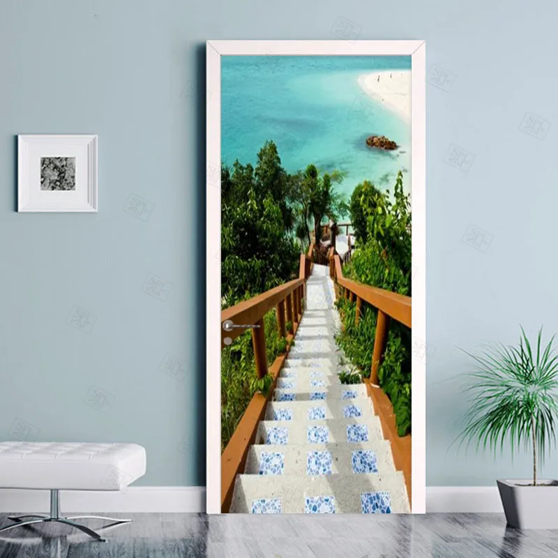 3D PVC Self Adhesive Waterproof Door Sticker Aegean Sea Stairs Photo Wallpaper Living Room Bedroom Home Decor Wall Paper | Дом и сад