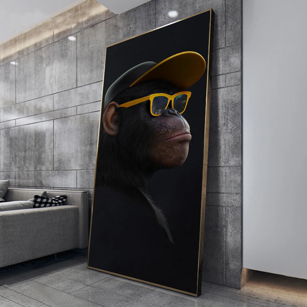 

Modern Canvas Painting Black Monkey With Earphones Poster and Print Scandinavian Wall Art Pictures For Room Home Decoration Gift