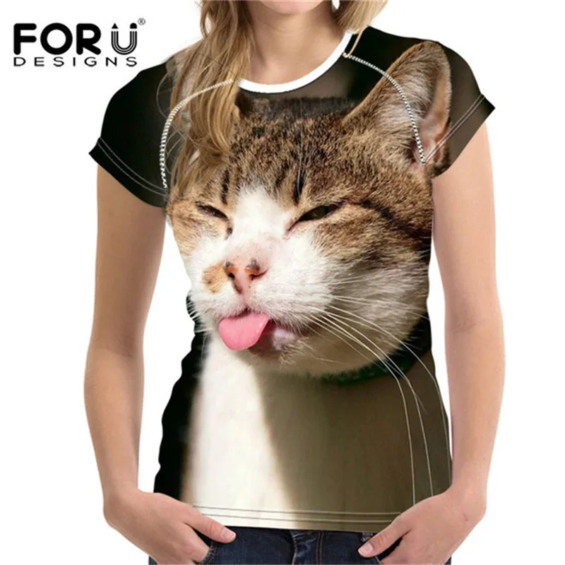 FORUDESIGNS, модная женская футболка, Забавные 3D принты с котом, женские летние топы с коротким рукавом, футболки для женщин, Vetement Femme, одежда