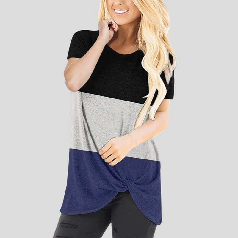 

Women's Summer Clothing Round Neck Fashion Casual Stitching Twist Short Sleeve Stripe T Shirt Top Women Camiseta De Manga Corta